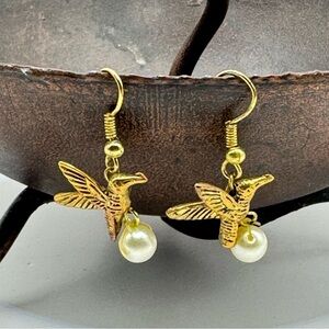 Gold Tone Hummingbird Pearl Drop Earrings Bird Charm Dangle